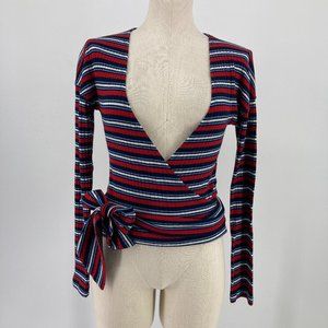 Free People Top Faux Wrap Long Sleeve Striped Ribbed V Neck Size Medium